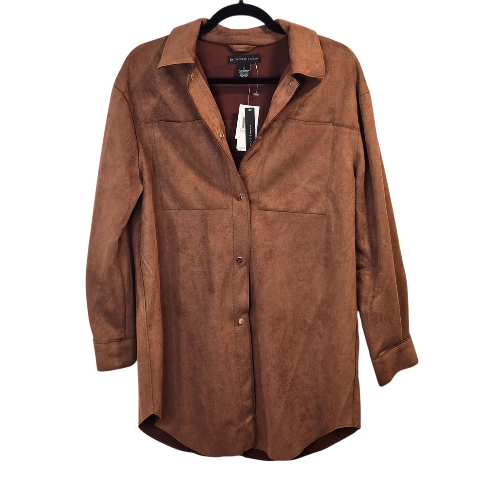 Joan Vass New York Suede Shirt Jacket Brown Snap Front Long Sleeve Women Small S